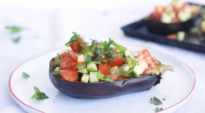 Roasted Eggplant with a Tomato Cucumber Salad 